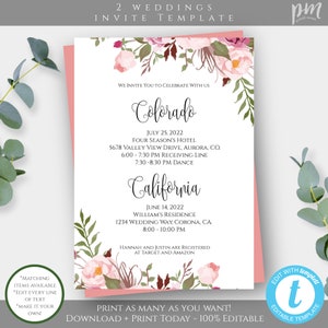 Może przedstawiać: Szablon zaproszenia ślubnego z różowymi i białymi kwiatami na różowym tle. Zaproszenie zawiera tekst "2 Weddings Invite Template" oraz szczegóły dotyczące dwóch uroczystości ślubnych w Kolorado i Kalifornii. Tekst "Edit with Templett Editable Template" znajduje się w prawym dolnym rogu.