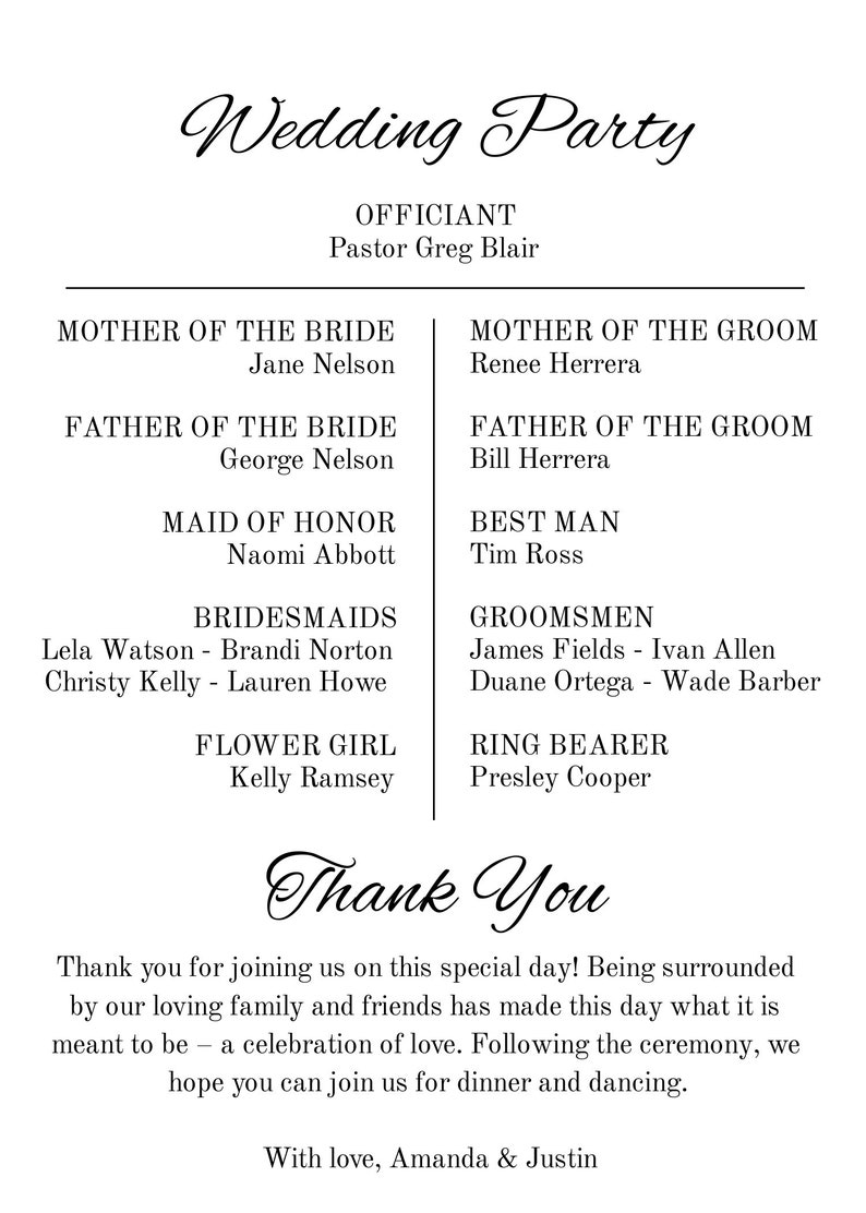 May include: Wedding party information card listing the names of the officiant, mother of the bride, father of the bride, maid of honour, bridesmaids, groomsmen, ring bearer, and best man. The card also includes the text "Wedding Party" and "Thank You".