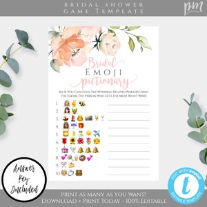 Peach Floral Emoji Pictionary Bridal Shower Game Template, Emoji Game, Edit + Print Template Instant Download, Wedding Shower Game, WSB2