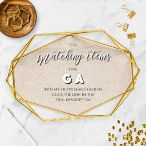 May include: A gold geometric frame with a beige fabric background. The text "FOR Matching Items" and "TYPE GA" is printed on the fabric. The text "INTO MY SHOP'S SEARCH BAR OR CLICK THE LINK IN THE ITEM DESCRIPTION" is also printed on the fabric.