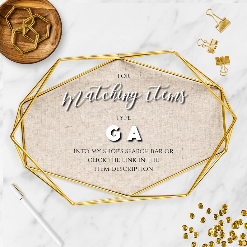 May include: A gold geometric frame with a beige fabric background. The text "FOR Matching Items" and "TYPE GA" is printed on the fabric. The text "INTO MY SHOP'S SEARCH BAR OR CLICK THE LINK IN THE ITEM DESCRIPTION" is also printed on the fabric.