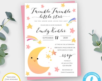 Peut inclure: Invitation à une fête prénatale rose et blanche avec un croissant de lune et des étoiles. Le texte indique "Twinkle Twinkle little star" et "Emily Kohler". La date est le 17 septembre 2020.