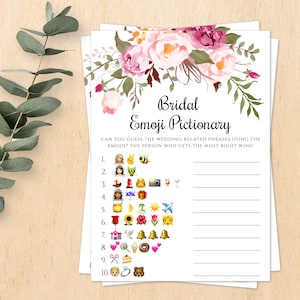 Pink Floral Emoji Pictionary Game Template for Bridal Shower, Emoji Game, Download + Print Yourself, Wedding Shower Activity, WSBH