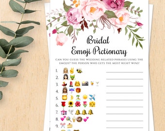 Pink Floral Emoji Pictionary Game Template for Bridal Shower, Emoji Game, Download + Print Yourself, Wedding Shower Activity, WSBH