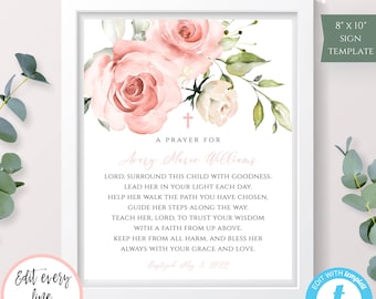 Baptism Gift Girl, Baptism Sign Girl, Baptism Printable Prayer Sign for Girl Baptism, Editable Pink Floral First Communion Sign Decor, BAP9