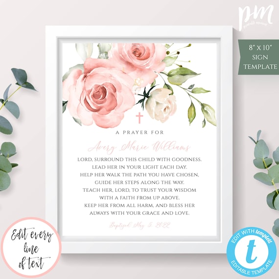 Baptism Gift Girl, Baptism Sign Girl, Baptism Printable Prayer Sign for Girl Baptism, Editable Pink Floral First Communion Sign Decor, BAP9