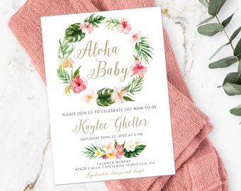 Aloha Baby Shower Invitation Template, DIY Tropical Baby Girl Shower Invite, DIY Editable Flamingo Baby Shower, Hawaiian Luau Baby Shower