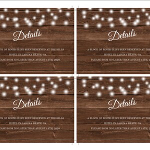 May include: Four rustic wedding details cards with a wooden background and string lights. Each card has the word "Details" in elegant script, along with information about a block of rooms reserved at a hotel in Laguna Beach, CA. The text also includes a booking deadline.