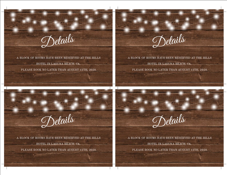 May include: Four rustic wedding details cards with a wooden background and string lights. Each card has the word "Details" in elegant script, along with information about a block of rooms reserved at a hotel in Laguna Beach, CA. The text also includes a booking deadline.