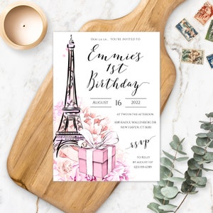 Paris First Birthday Invitation Template, 1st Birthday Girl, Birthday Party Invite, Printable Invite, Editable Eiffel Tower Invitation, BSPP