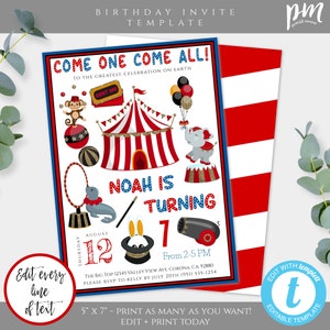 Circus Birthday Party Invitation Template, Carnival Birthday Circus Theme, First Birthday Circus Tent Invite, Big Top, Child&#39;s Birthday BPC2