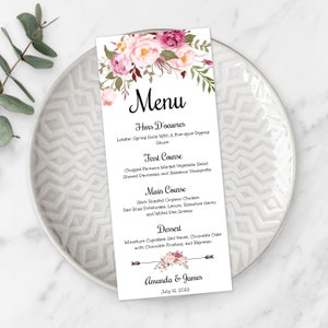 Szablon menu weselnego z różowymi kwiatami, menu do druku, karta menu weselnego z kwiatami do druku, edytowalne menu kolacji weselnej, natychmiastowe pobieranie, WBBH