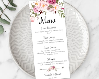 Pink Floral Wedding Menu Template, Printable Menu, Printable Floral Wedding Menu Card, Editable Wedding Dinner Menu, Instant Download, WBBH