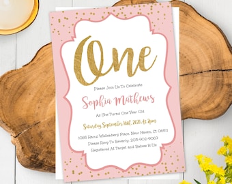 1er cumpleaños invitación, primera invitación de cumpleaños, invitación de cumpleaños imprimible rosa y oro, cumpleaños de la niña, invitación de cumpleaños de oro rosa