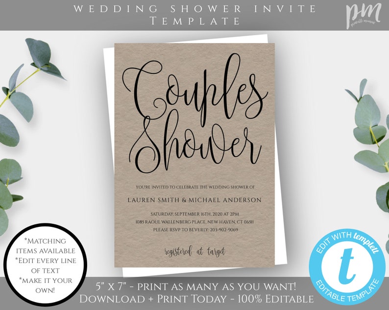 Rustic Couple's Wedding Shower Invitation Template, DIY Edit Print Script Shower Invite, 5x7 Template Instant Download, WSS image 1