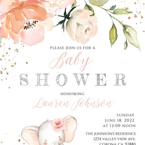 Elephant Baby Shower Invite, Girl Baby Shower Invitation Template, Baby Elephant Shower, Printable Baby Girl Shower, Personalized Baby, PEBS image 3