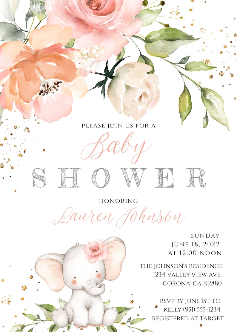 Elephant Baby Shower Invite, Girl Baby Shower Invitation Template, Baby Elephant Shower, Printable Baby Girl Shower, Personalized Baby, PEBS image 3