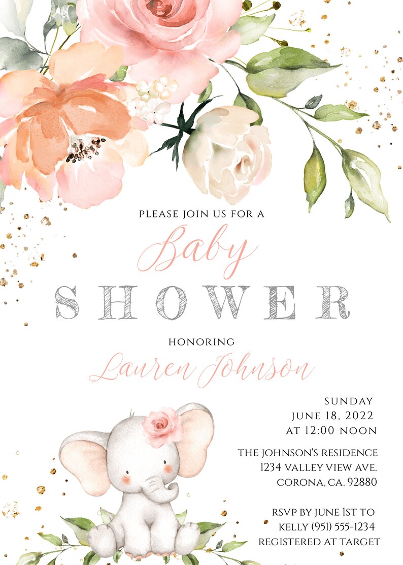 Elephant Baby Shower Invite Girl Baby Shower Invitation Etsy