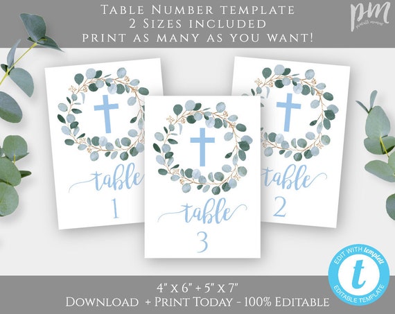 Boy Baptism Table Number Template Christening Table Cards Etsy