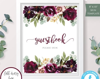 PURPLE Floral Guestbook Sign Template 8x10, Editable Template, Printable Guestbook, Please Sign Our Guestbook, Instant Download, Boho, DPBS
