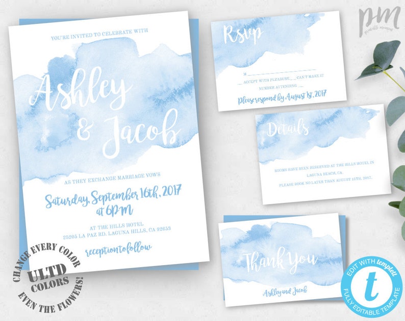 Light Blue Watercolor Wedding Invitation Template Set Blue Etsy