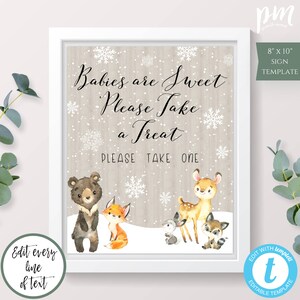 Baby It&#39;s Cold Outside Woodland Animal Treat Sign Template, Editable Dessert Table Shower Sign, Babies are Sweet Please Take a Treat, WWA