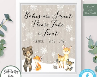 Baby It's Cold Outside Woodland Animal Treat Sign Template, Editable Dessert Table Shower Sign, Babies are Sweet Please Take a Treat, WWA