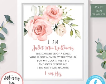 I Am a Daughter of the King Print I Am a Child of God Daughter of God I Am His Nursery Printable Personalized Pink Floral Baptism Gift BAP9