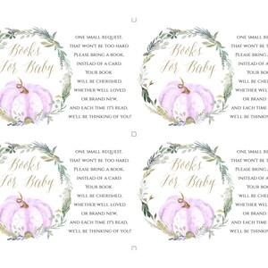 May include: Four printable baby shower favor tags with a watercolor illustration of a purple pumpkin in a wreath of greenery. The text on the tags reads "Books for Baby" and includes a request to bring a book instead of a card.