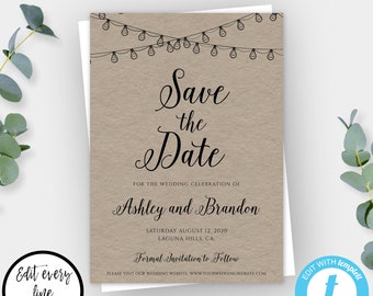 Save The Date Wedding Template, Instant Download, Rustic Save The Date Card, Printable DIY Save The Date, Rustic Wedding, Kraft INVITE WBRL3