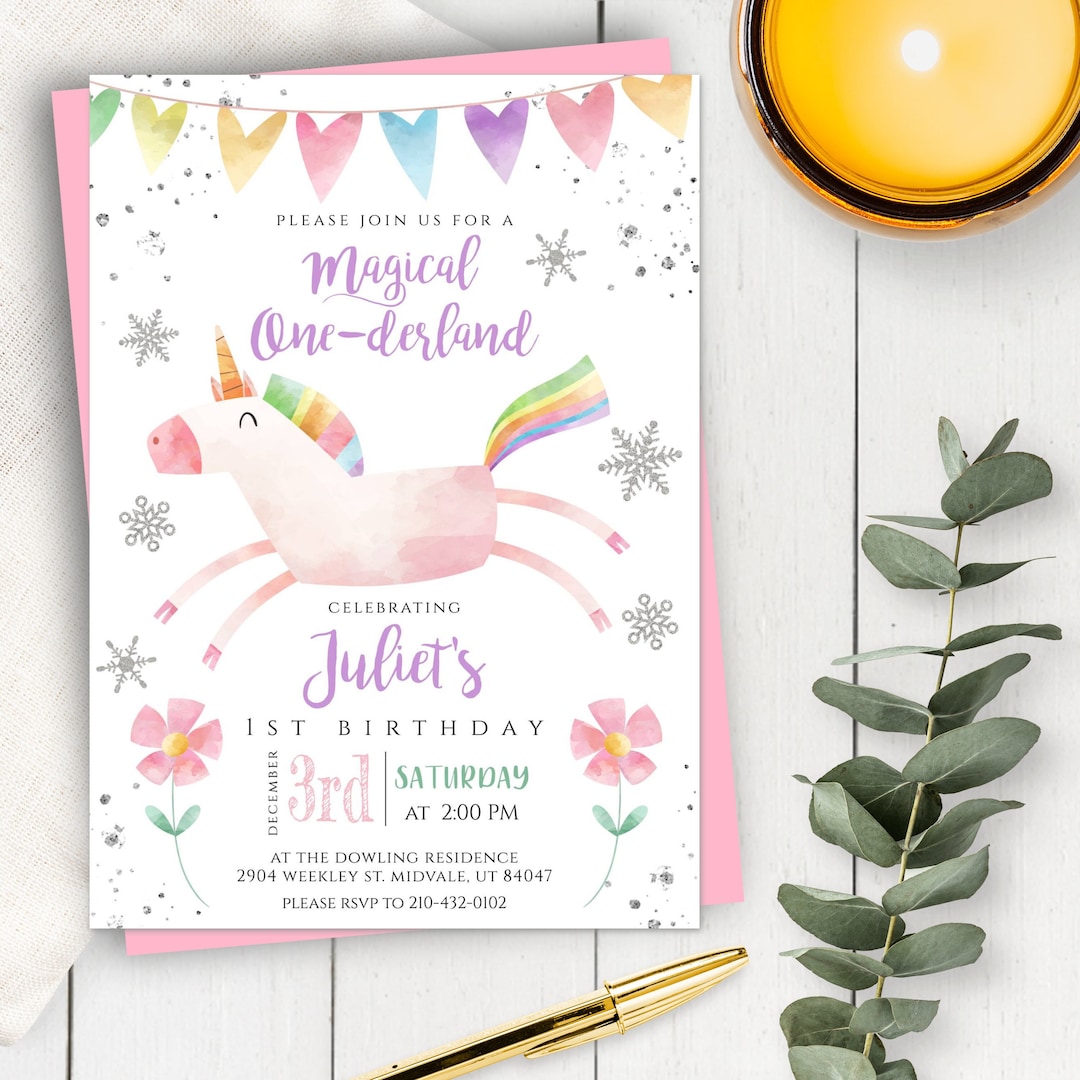 Unicorn 1st Birthday Invitation Template, One-derland Invite, Magical