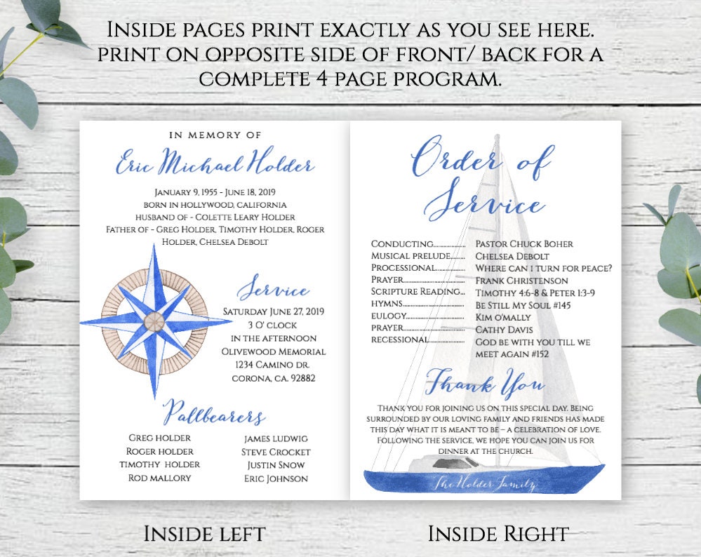 Beach Funeral Program for Him Nautical Memorial Program Etsy
