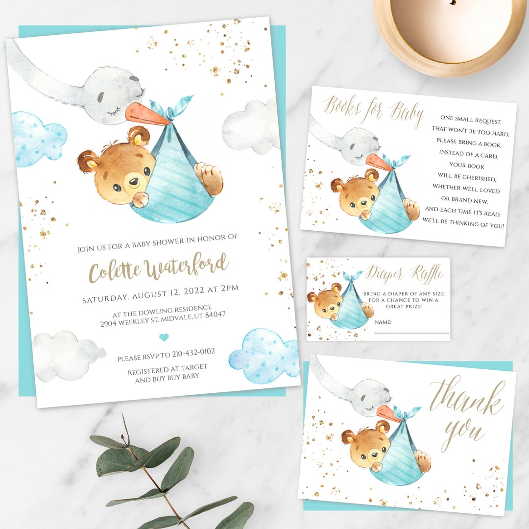 Teddy Bear Baby Shower Invitation Template Set, Editable Blue Baby ...