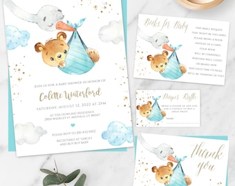 Teddy Bear Baby Shower Invitation Template Set, Editable Blue Baby Shower Invite, Watercolor Animal Printable Invite, Bear Baby Shower, BSBS