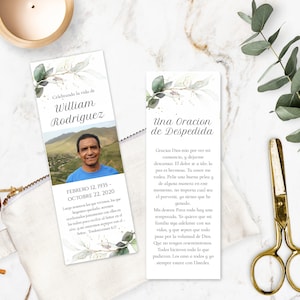 Editable Spanish Bookmark for Funeral, Personalized Greenery Bookmark Keepsake, Custom Funeral Favor, DIY Celebration of Life Remembrance