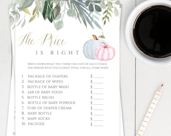 Gender Reveal Price is Right Game, Blue + Pink Pumpkin Fall Baby Shower Template, Little Pumpkin Watercolor Printable, Guess The Price  GRPS