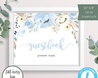 Blue Floral Guestbook Sign Template for Boy, Blue Guestbook Sign, Baby Shower Guestbook Sign, Boho Guestbook Sign, Baby Boy Shower Sign BSBF