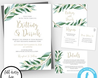 Greenery Wedding Invitation Suite, DIY Editable Template, Printable Wedding Invitation, Garden Wedding Invitation, Botanical Invite, WBWG