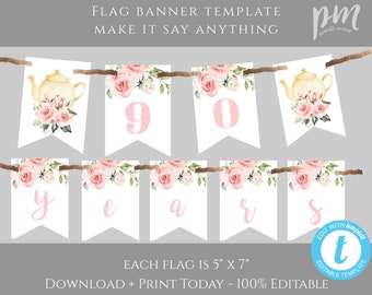 90 Years Young Birthday Party Banner Template, Woman Birthday Tea Party Decor, Editable Template, Edit the Age Birthday Par-Tea, Pink,  BP90