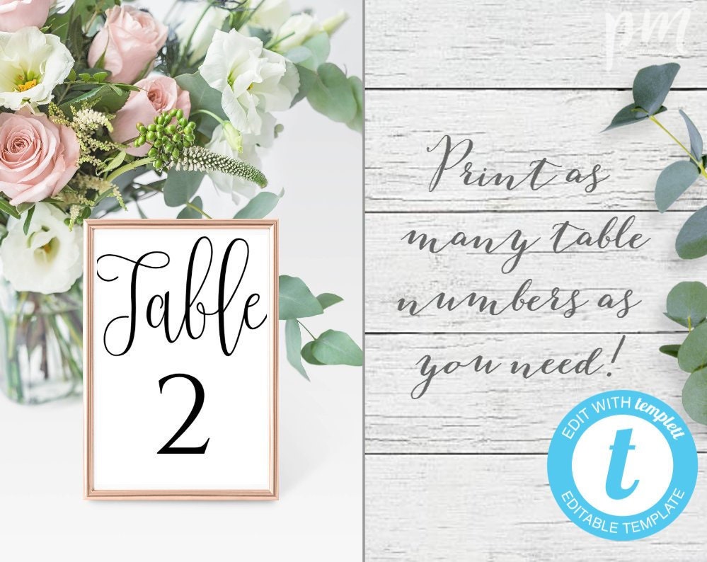 Printable Wedding Number Template Calligraphy Table Number | Etsy