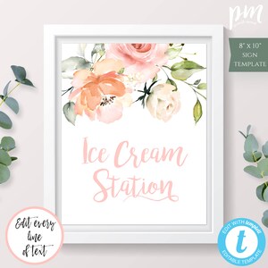 Peach Floral Ice Cream Bar Sign Template, DIY Editable Template, Printable Girl Baby Shower, Sundae Bar, Dessert Bar Sign Dessert Table BSP2