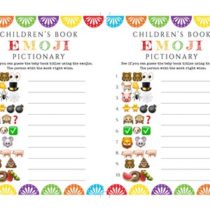 May include: A white printable game sheet titled "Children's Book Emoji Pictionary." The game features numbered lines with emoji clues to guess baby book titles. Colorful decorative banner at the top and bottom.