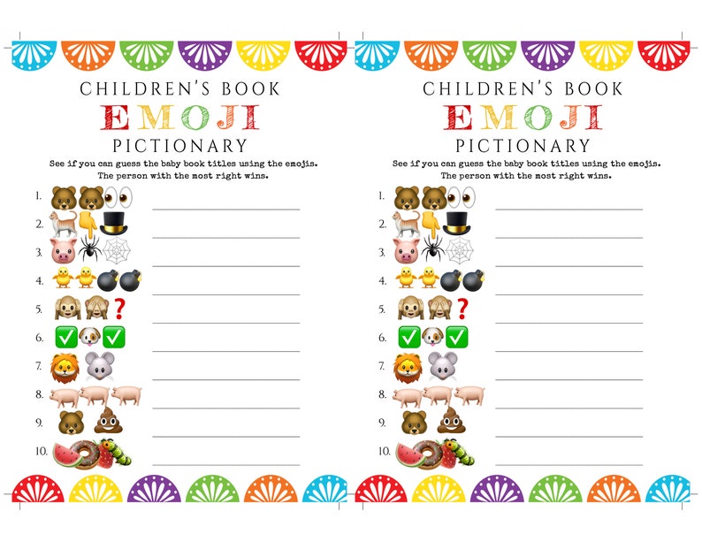 May include: A white printable game sheet titled "Children's Book Emoji Pictionary." The game features numbered lines with emoji clues to guess baby book titles. Colorful decorative banner at the top and bottom.