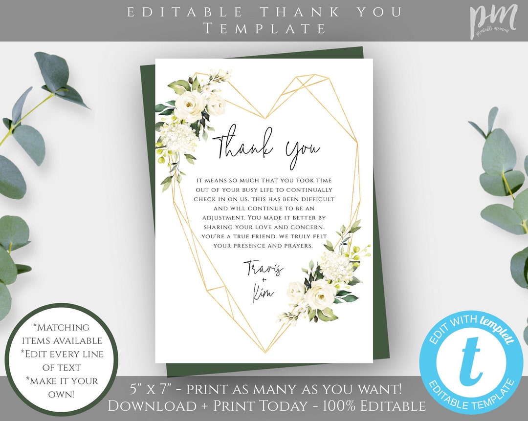 White Floral Funeral Thank You Card Template 5x7, Greenery Thank You ...