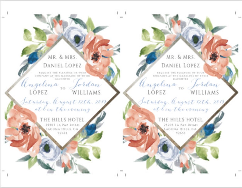 Blue and Coral Wedding Invitation Template Set Blue Floral Etsy