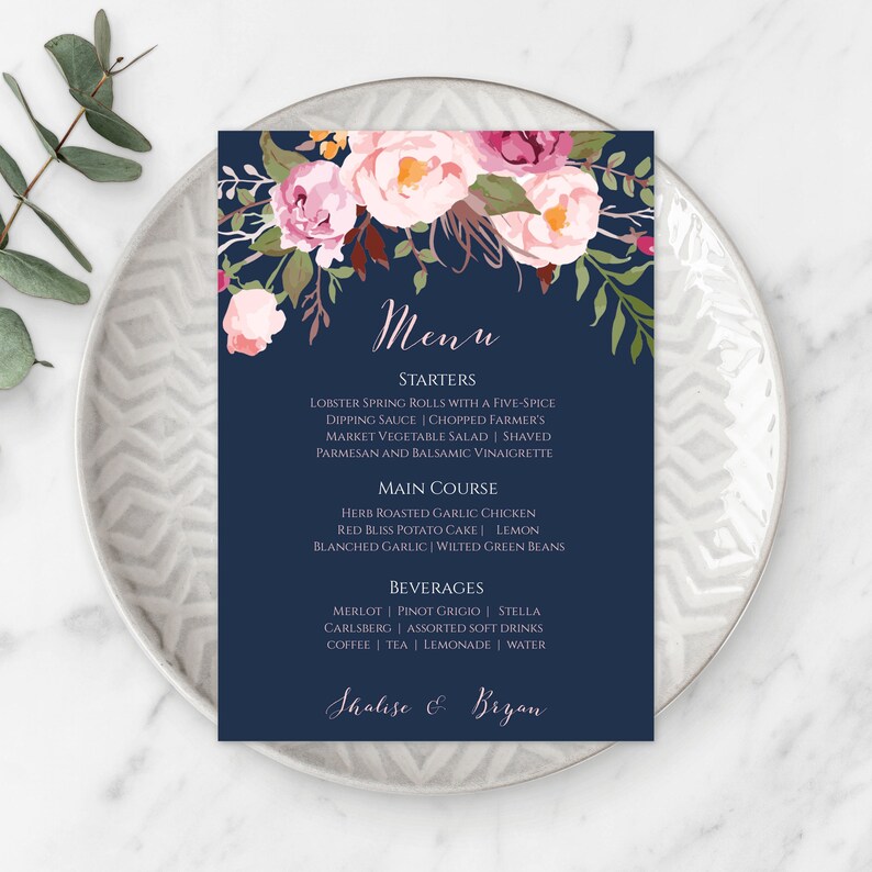 Menu Card Editable Wedding Menu WBBP Fully Editable DIY Menu Printable Food Menu Sign 5 x 7 Pink Wedding Dinner Menu Template Blue