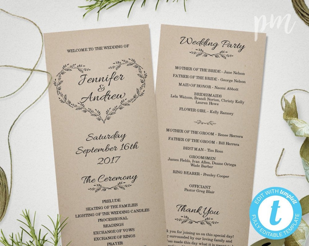 Kraft Wedding Program Template, Rustic Wedding Program With Heart ...