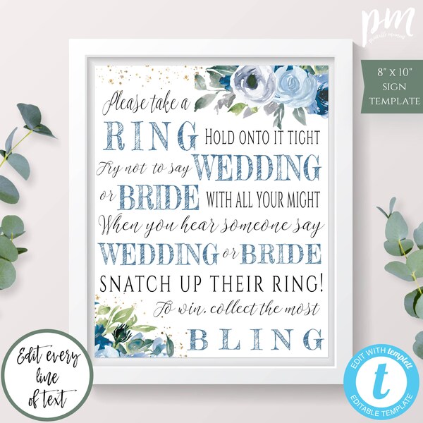 Put a Ring On It Bridal Shower Game Sign Template, Blue Floral Bridal Shower Activity Printable, Editable Template, Don't Say Wedding, BFWS