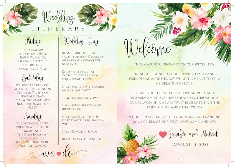 Edit Print Destination Wedding Itinerary Fan Tropical Wedding Itinerary Template TWBI Welcome Letter Welcome Note /& Wedding Timeline