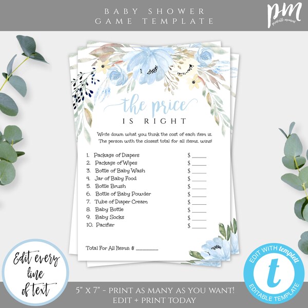 Blue Floral The Price is Right Baby Shower Game Template for Boy, Guess the Price Game, Baby Price Game, DIY Self Edit + Print Game, BSBF